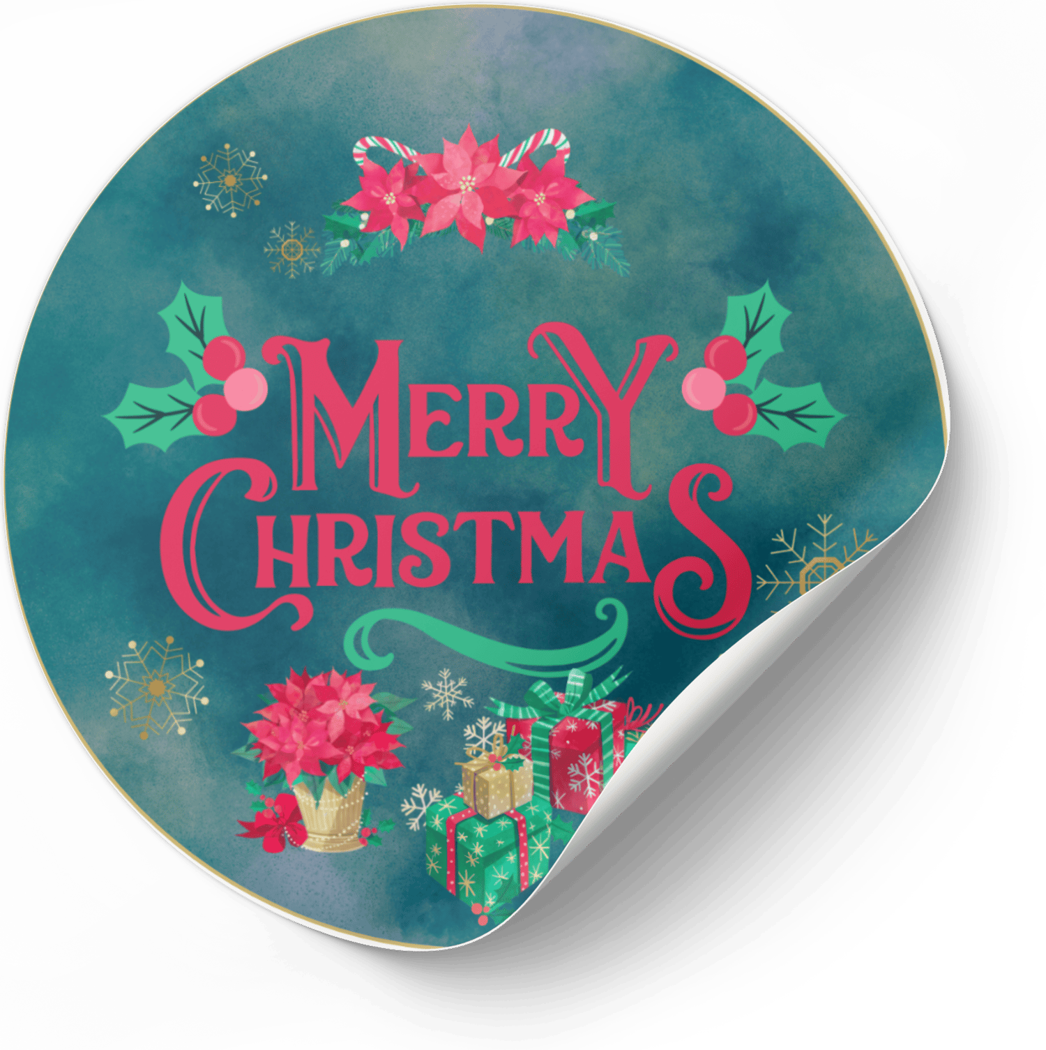 Customizable Festive Poinsettia Christmas Gifts Circle Sticker | Digital Canva Template. Mock circle sticker