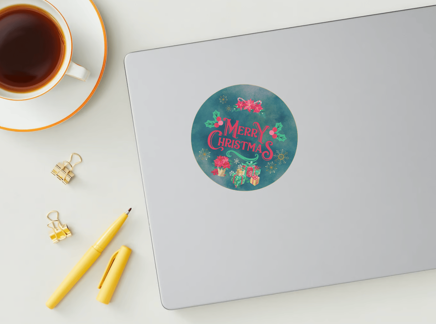 Customizable Festive Poinsettia Christmas Gifts Circle Sticker | Digital Canva Template. Mock sticker on laptop