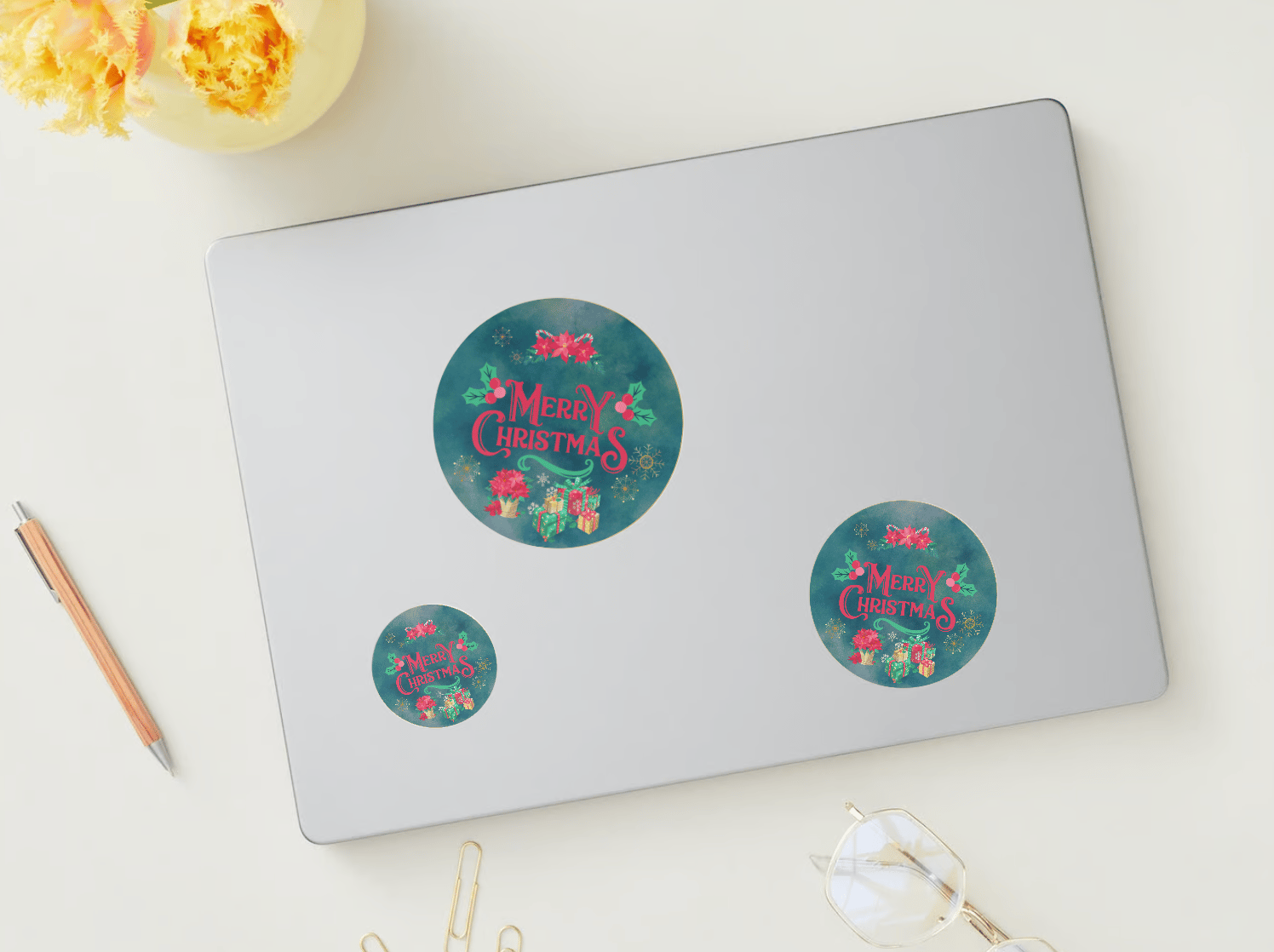 Customizable Festive Poinsettia Christmas Gifts Circle Sticker | Digital Canva Template. Mock stickers in various sizes