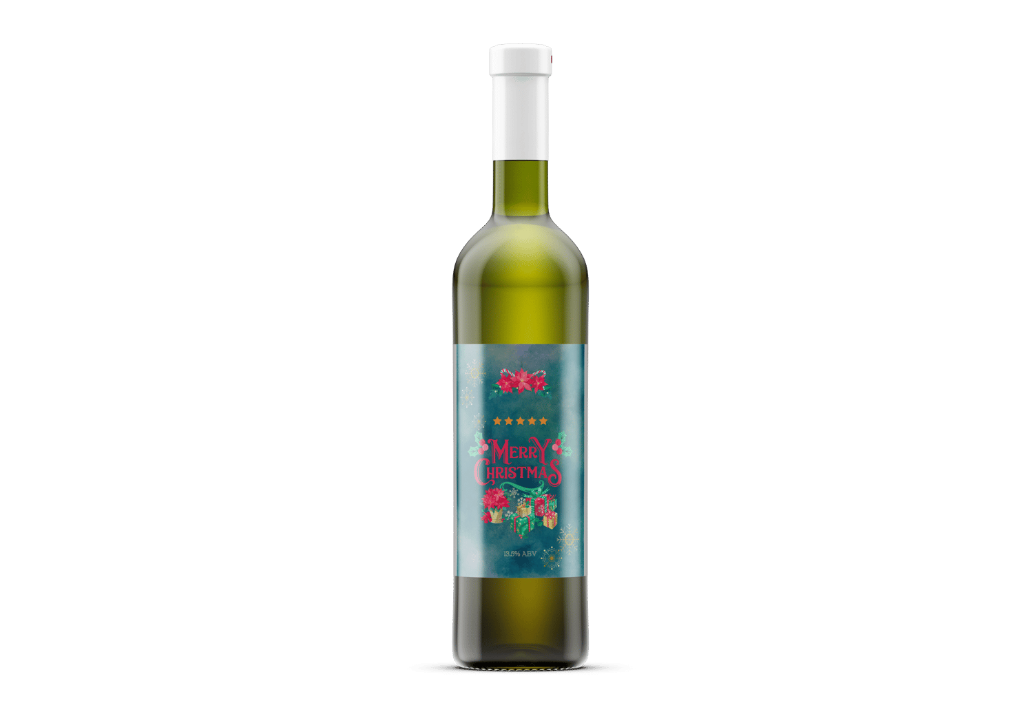 Customizable Festive Poinsettia Christmas Gifts Sticker Label 4"x6" | Digital Canva Template. Mock sticker on dark wine bottle
