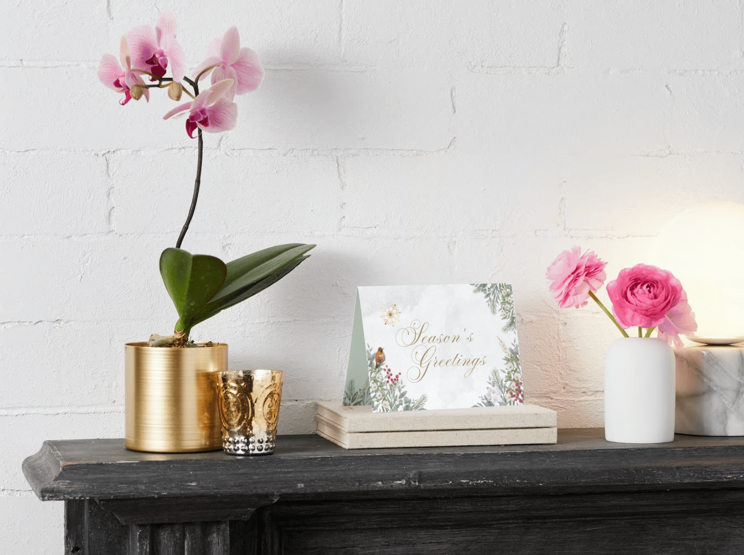 Customizable Elegant Winter Botanicals Folded Card Landscape | Digital Canva Template. Mock card outside front display view