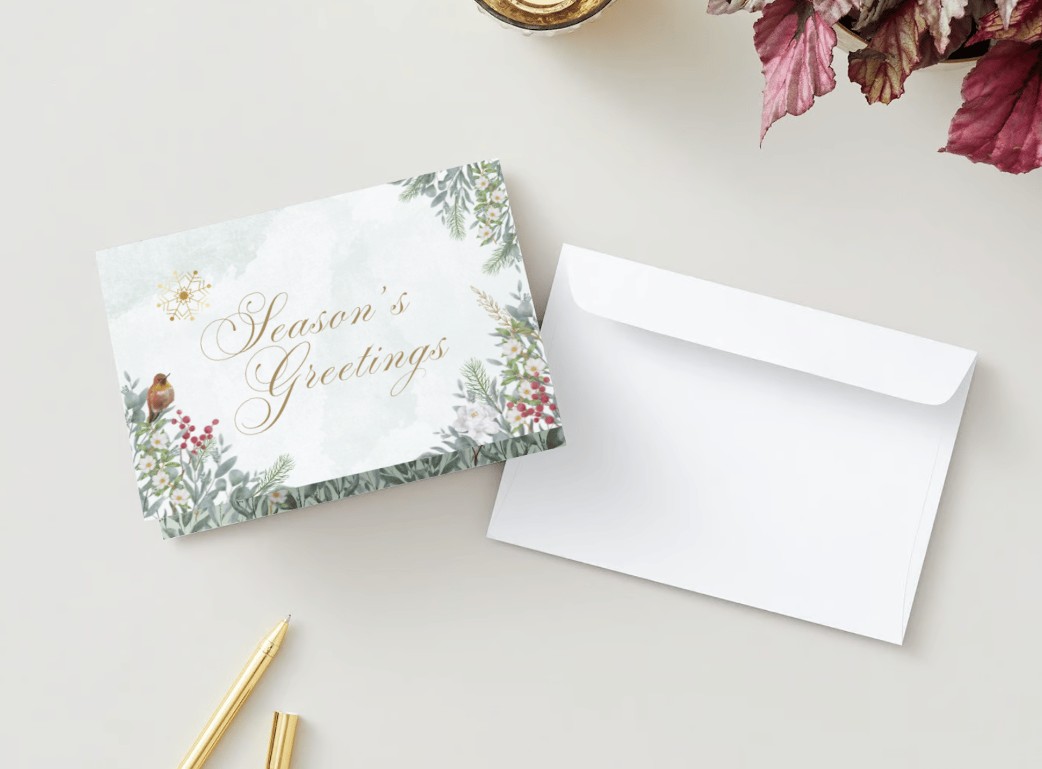 Customizable Elegant Winter Botanicals Folded Card Landscape | Digital Canva Template. Mock card outside front view with envelope