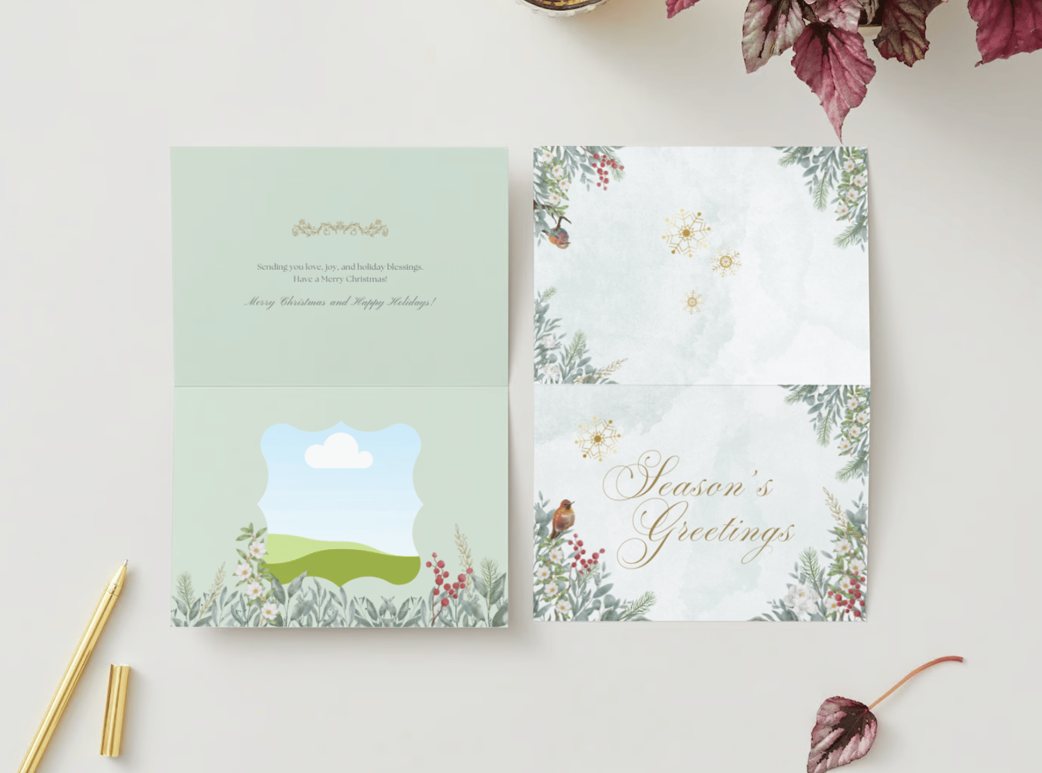Customizable Elegant Winter Botanicals Folded Card Landscape | Digital Canva Template. Mock card outside and inside views