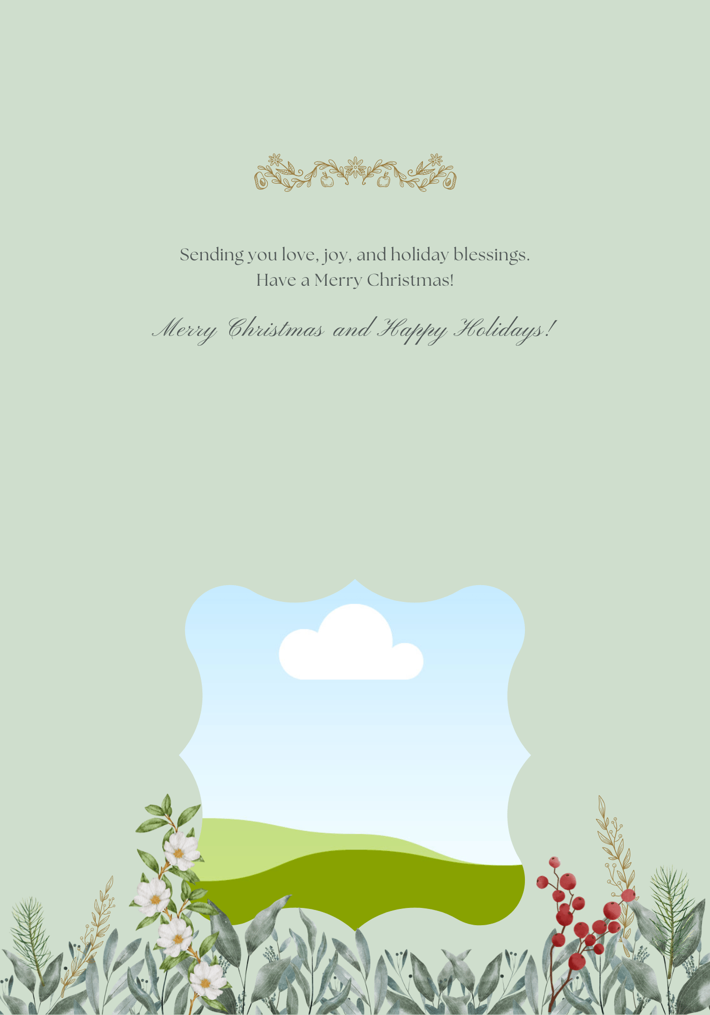 Customizable Elegant Winter Botanicals Folded Card Landscape | Digital Canva Template. Inside design