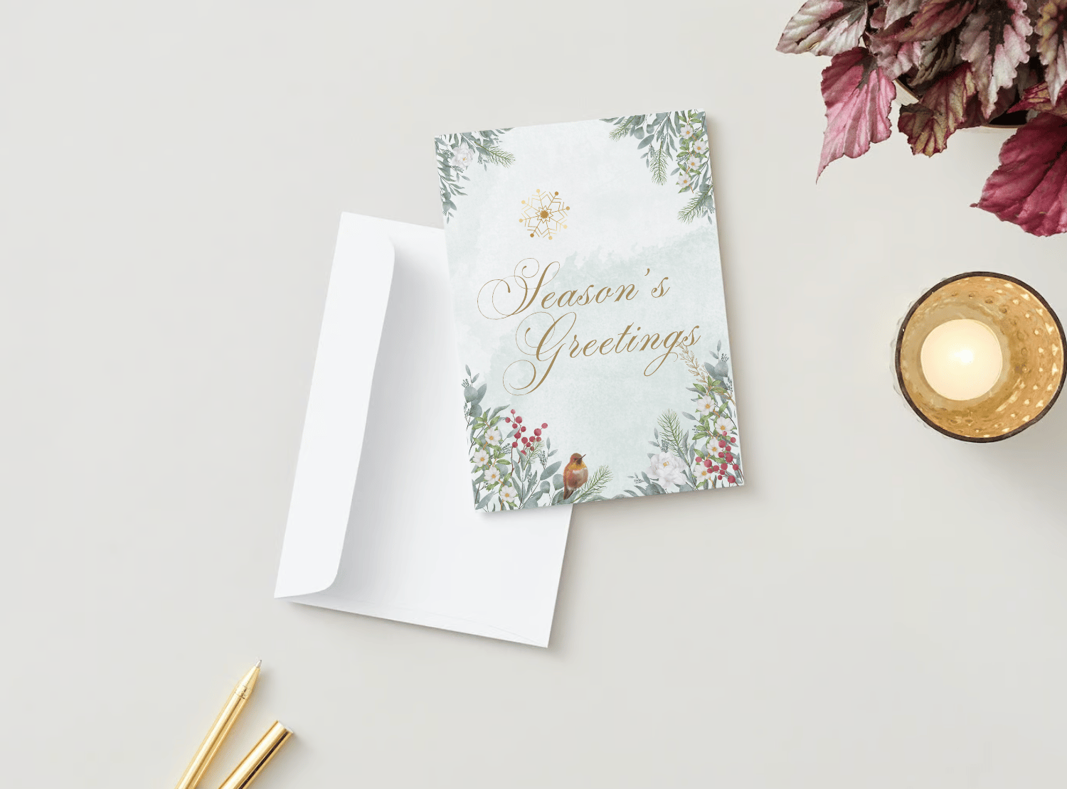 Customizable Elegant Winter Botanicals Folded Card Portrait | Digital Canva Template. Mock card outside view with envelope