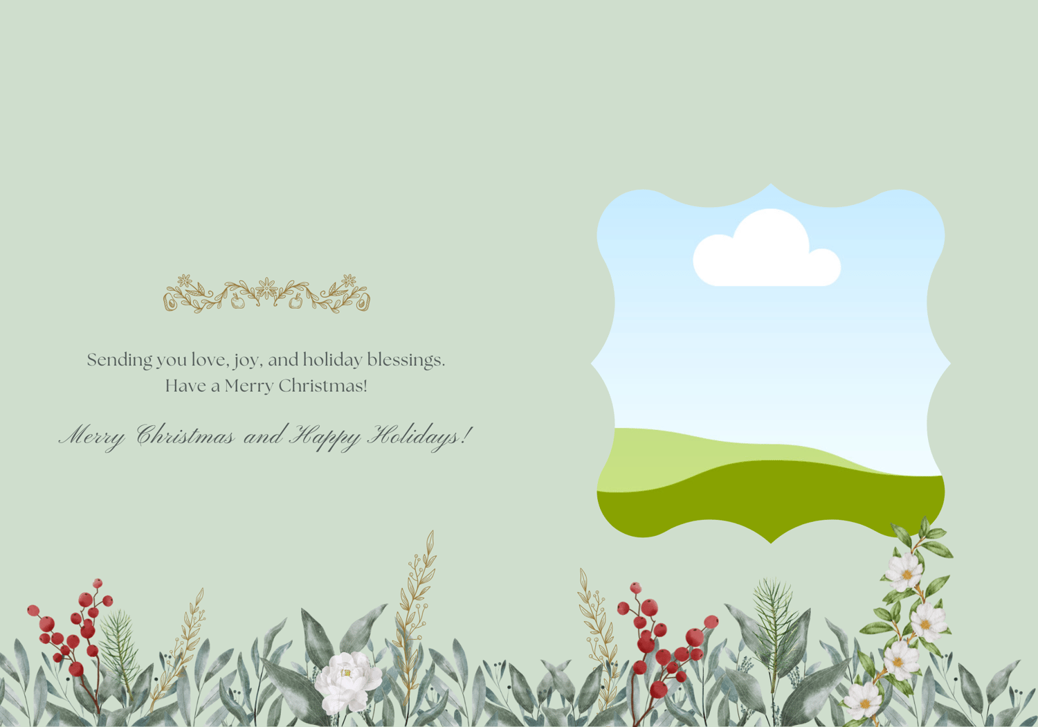 Customizable Elegant Winter Botanicals Folded Card Portrait | Digital Canva Template. Inside design