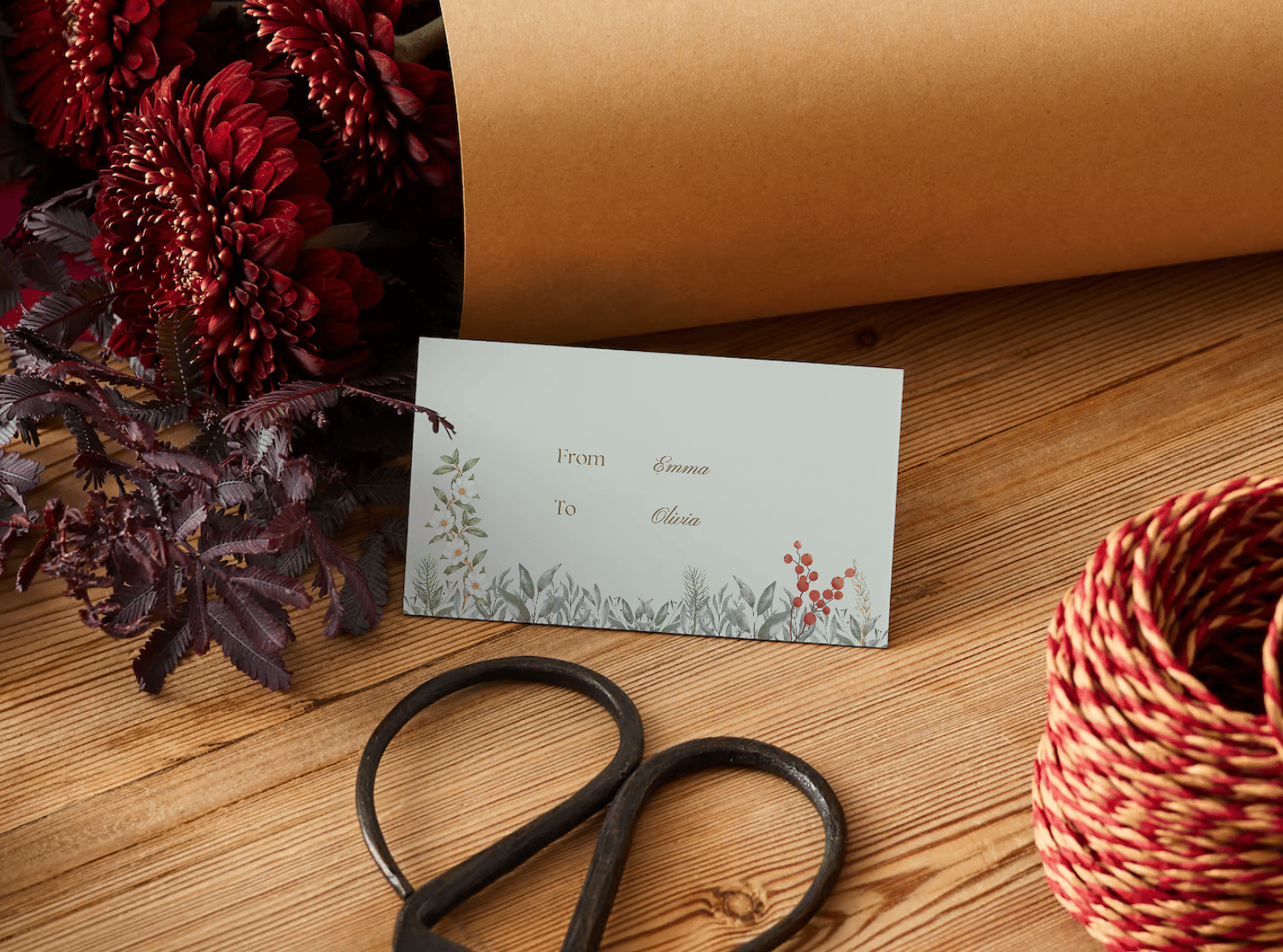 Customizable Elegant Winter Botanicals Gift/Favor Tag| Digital Canva Template. Mock card back view