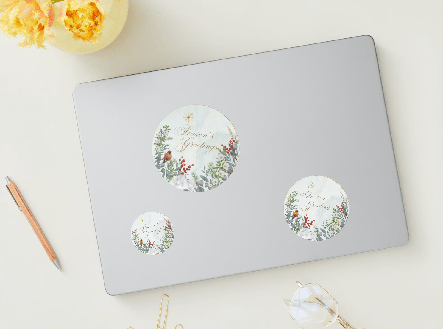 Customizable Elegant Winter Botanicals Circle Sticker | Digital Canva Template. Mock sticker in various sizes