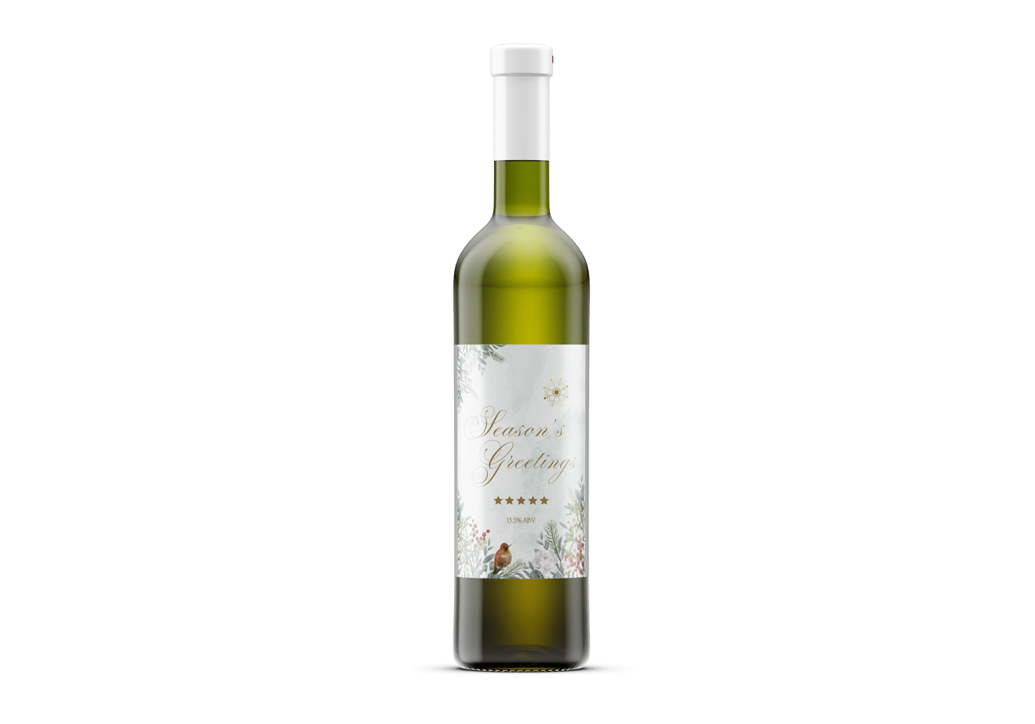 Customizable Elegant Winter Botanicals Sticker Label 4"x6" | Digital Canva Template. Mock sticker on dark wine bottle