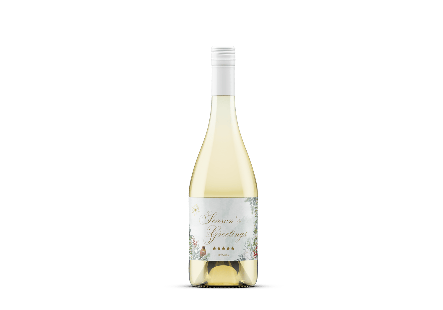 Customizable Elegant Winter Botanicals Sticker Label 6"x4" | Digital Canva Template. Mock sticker on white wine bottle