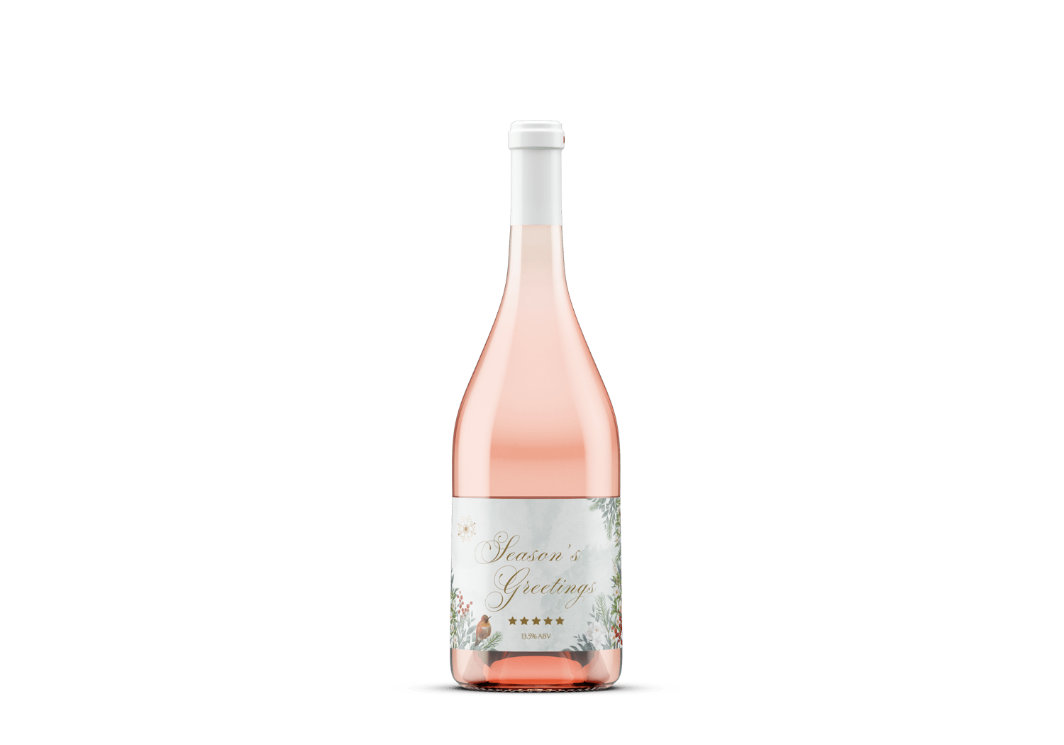 Customizable Elegant Winter Botanicals Sticker Label 6"x4" | Digital Canva Template. Mock sticker on rose wine bottle