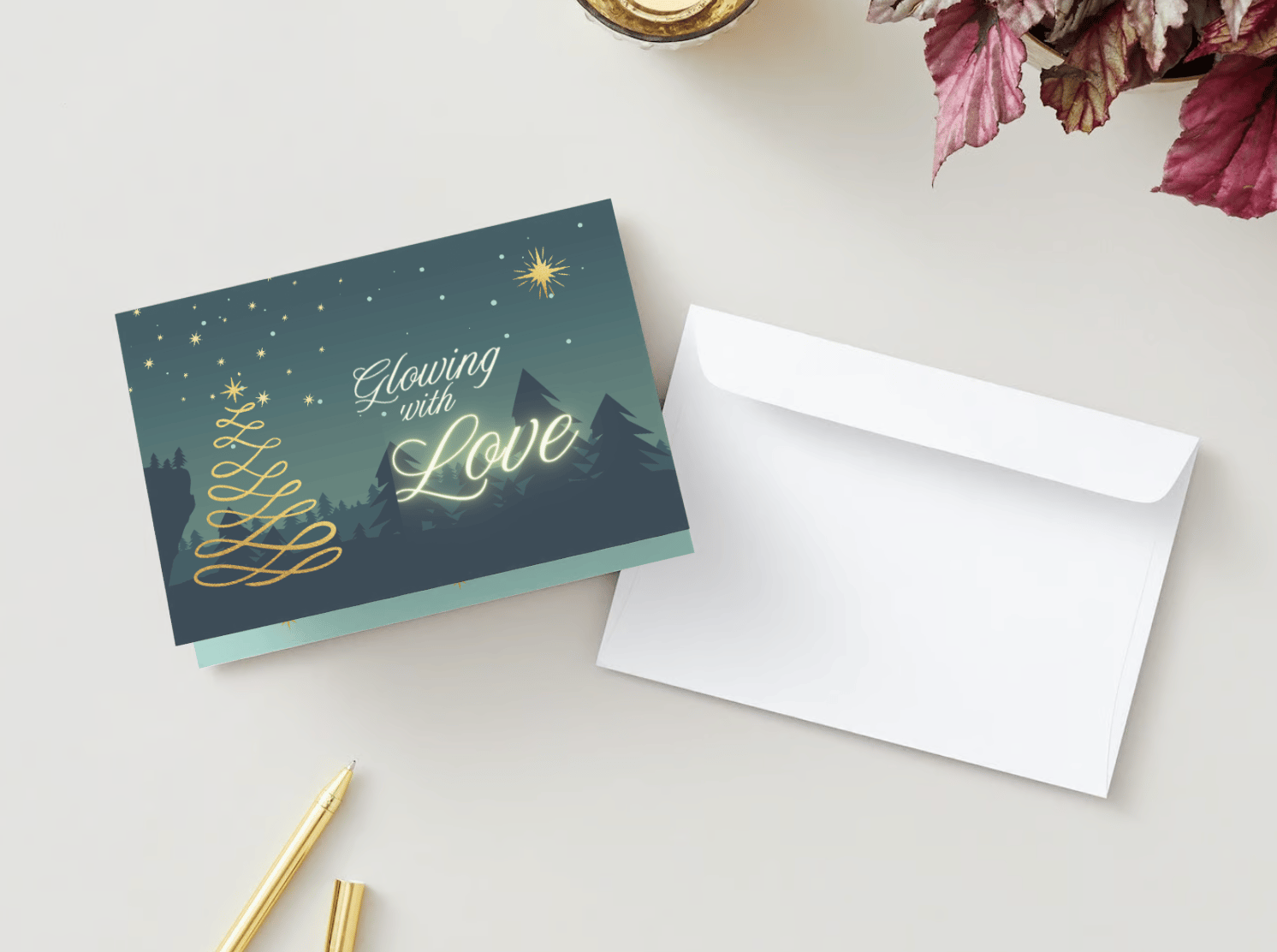 Customizable Golden Christmas Glow Folded Card Landscape | Digital Canva Template. Mock card outside front view with envelope