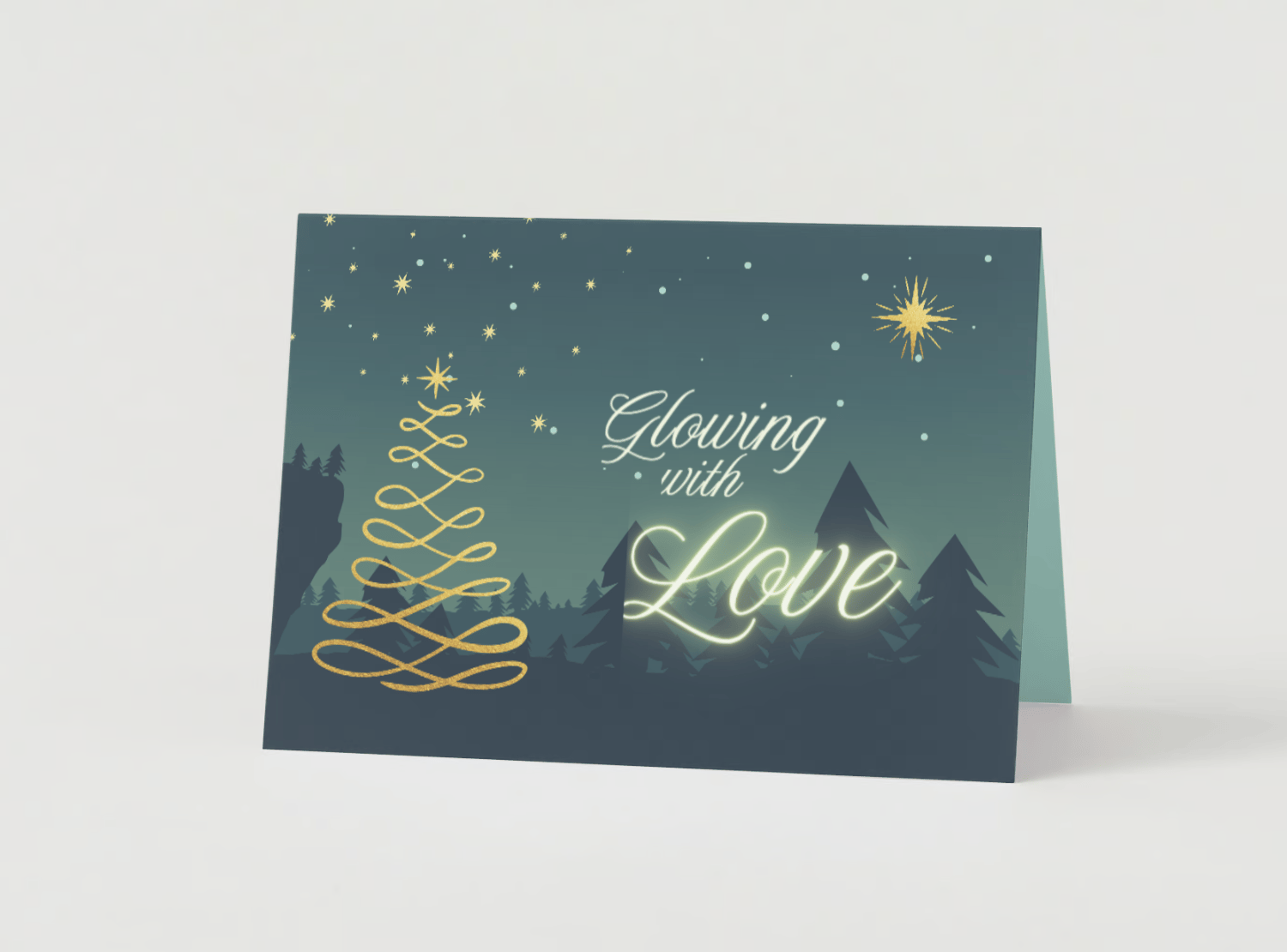Customizable Golden Christmas Glow Folded Card Landscape | Digital Canva Template. Mock card outside front view