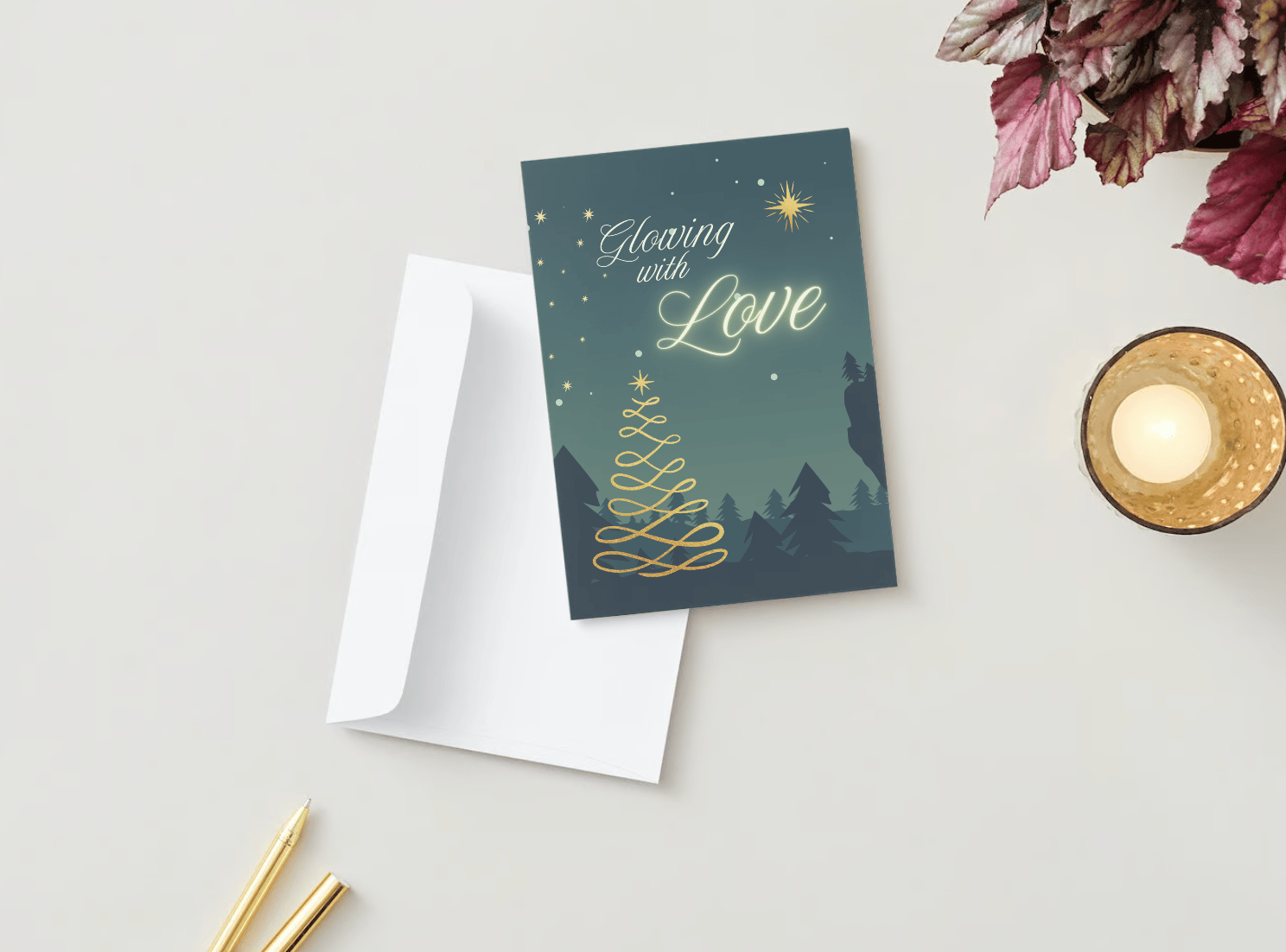 Customizable Golden Christmas Glow Folded Card Portrait | Digital Canva Template. Mock card outside front view with envelope