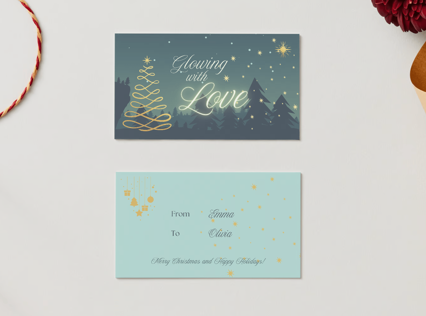 Customizable Golden Christmas Glow Gift/Favor Tag| Digital Canva Template. Mock card front and back views