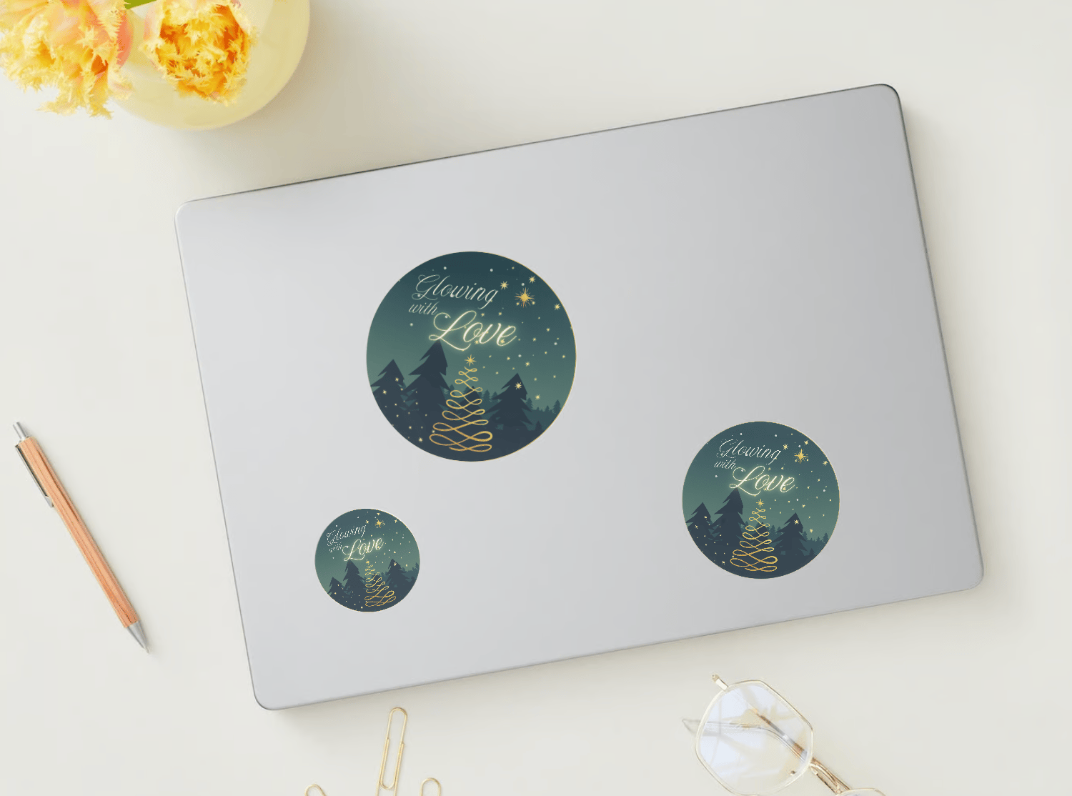 Customizable Golden Christmas Glow Circle Sticker | Digital Canva Template. Mock stickers in various sizes