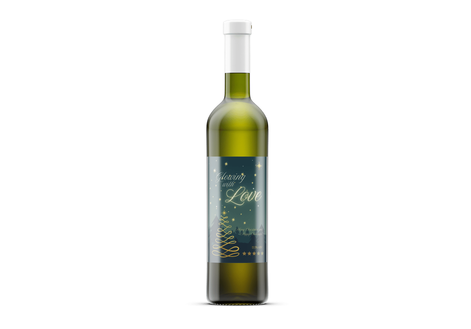 Customizable Golden Christmas Glow Sticker Label 4"x6" | Digital Canva Template. Mock sticker on dark wine bottle