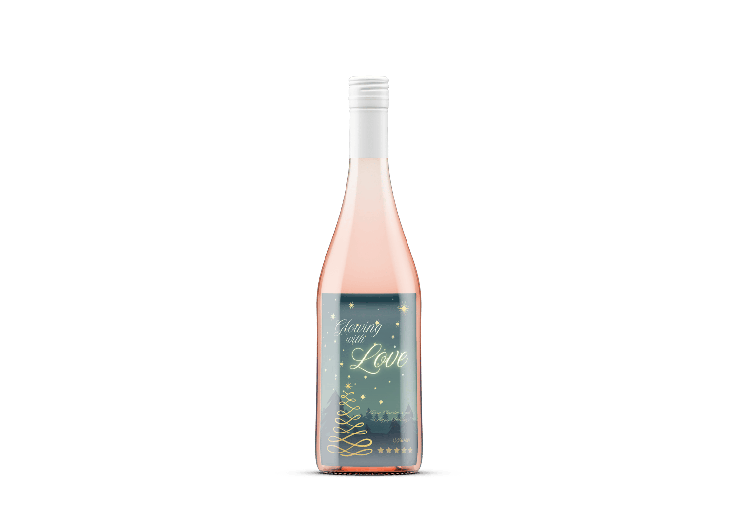 Customizable Golden Christmas Glow Sticker Label 4"x6" | Digital Canva Template. Mock sticker on rose wine bottle