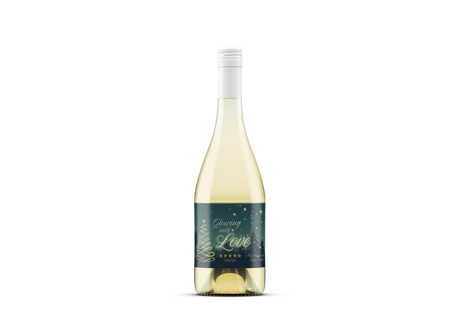 Customizable Golden Christmas Glow Sticker Label 6"x4" | Digital Canva Template. Mock stickers on white wine bottle