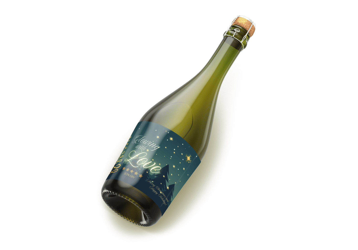Customizable Golden Christmas Glow Sticker Label 6"x4" | Digital Canva Template. Mock sticker on dark wine bottle
