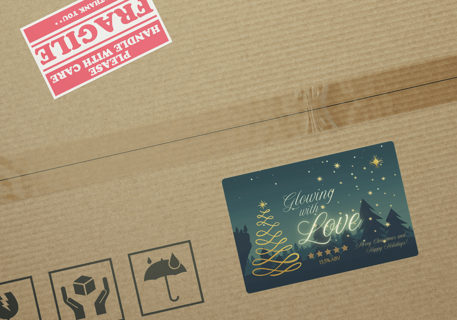 Customizable Golden Christmas Glow Sticker Label 6"x4" | Digital Canva Template. Mock sticker on box