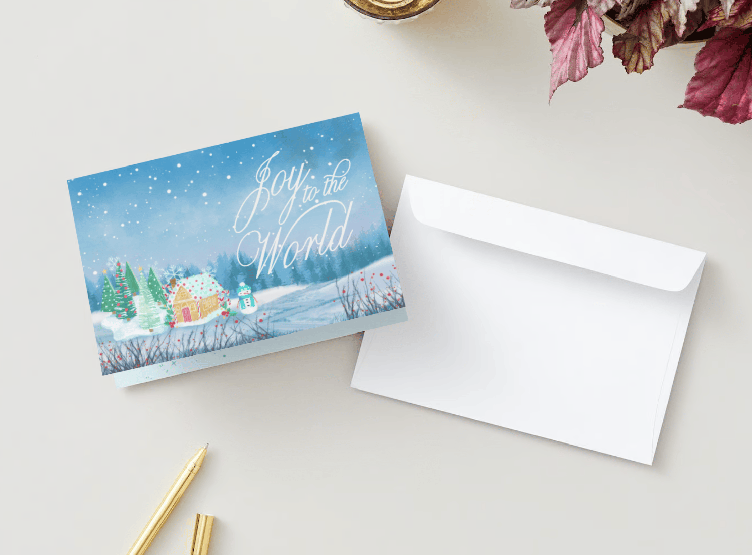 Customizable Adorable Winter Wonderland Folded Card Landscape | Digital Canva Template. Mock card outside front view with envelope