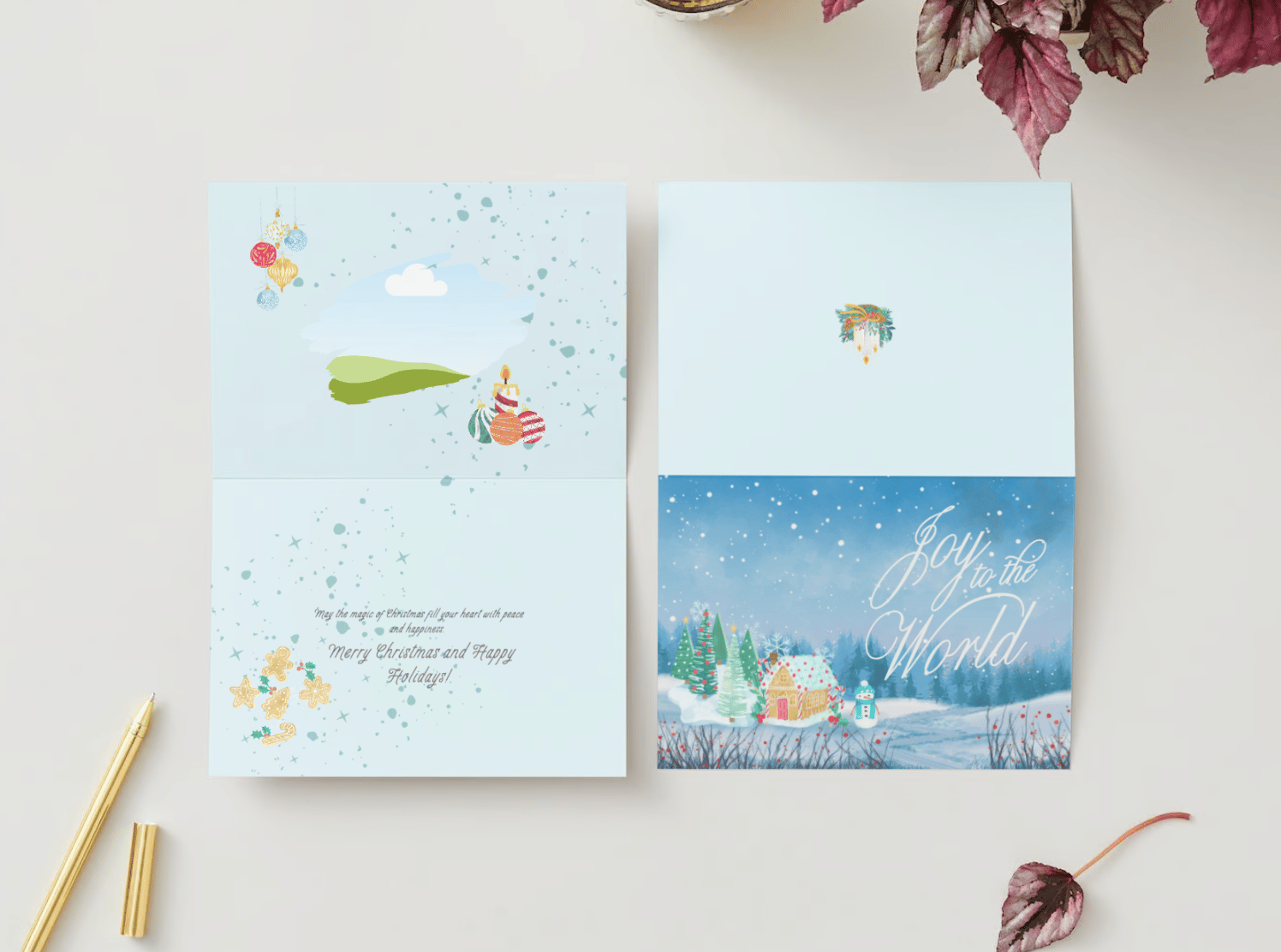 Customizable Adorable Winter Wonderland Folded Card Landscape | Digital Canva Template. Mock card outside and inside views