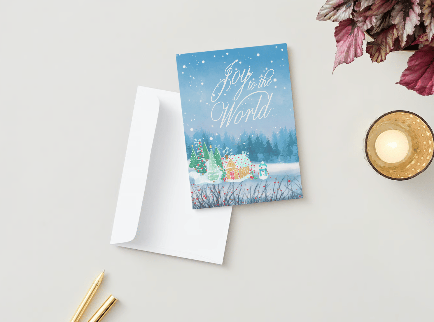 Customizable Adorable Winter Wonderland Folded Card Portrait | Digital Canva Template. Mock card outside front view with envelope