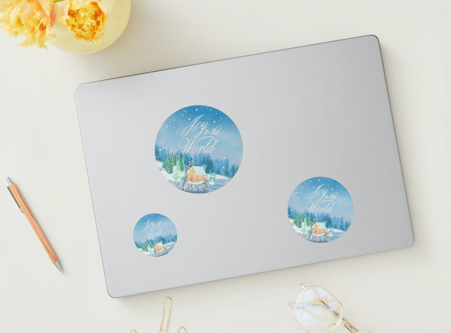 Customizable Adorable Winter Wonderland Circle Sticker | Digital Canva Template. Mock stickers in various sizes