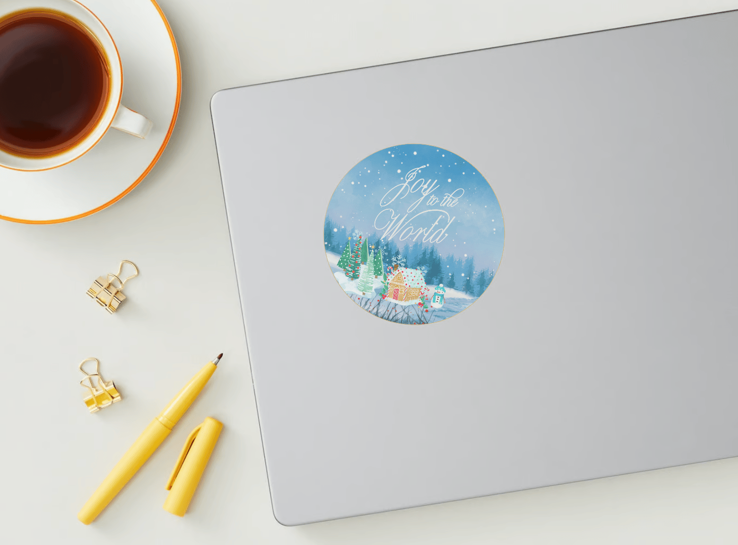 Customizable Adorable Winter Wonderland Circle Sticker | Digital Canva Template. Mock sticker on laptop