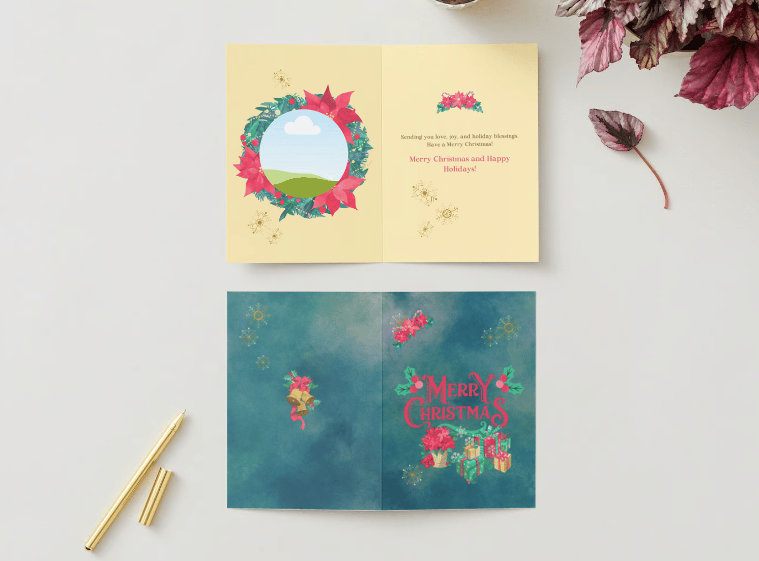 Festive Poinsettia Christmas Gifts Canva Template Bundle | 6 Customizable Designs | Holiday Season Digital Download. Mock card portrait outside and inside views