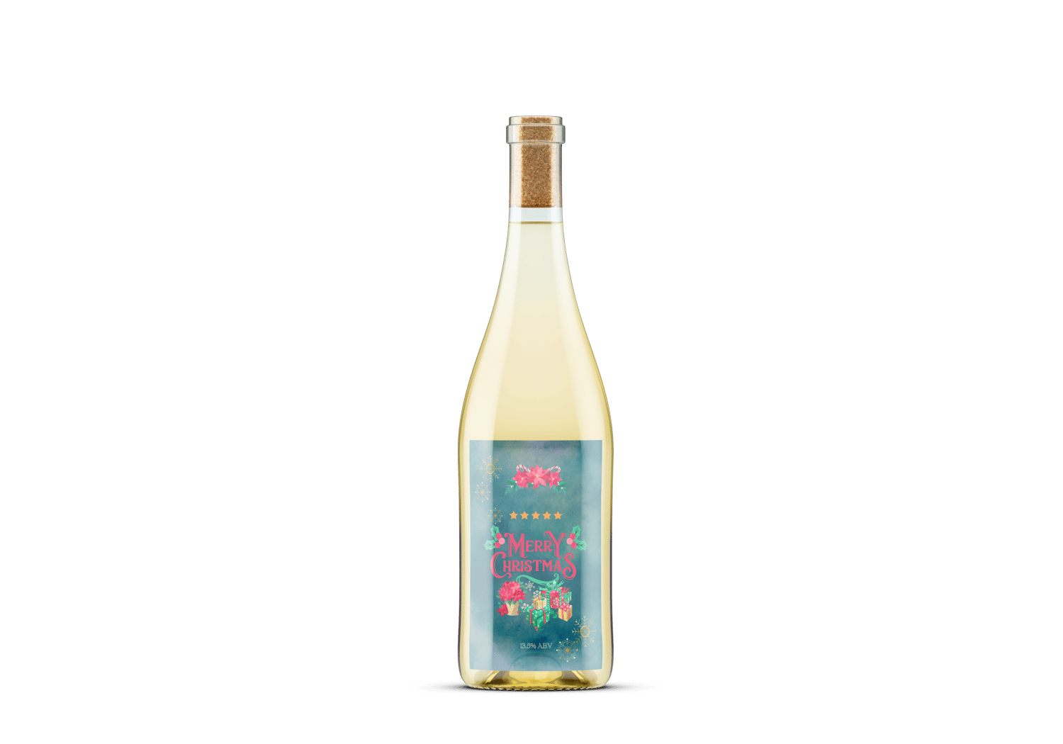 Festive Poinsettia Christmas Gifts Canva Template Bundle | 6 Customizable Designs | Holiday Season Digital Download. Mock sticker label portrait on white wine bottle