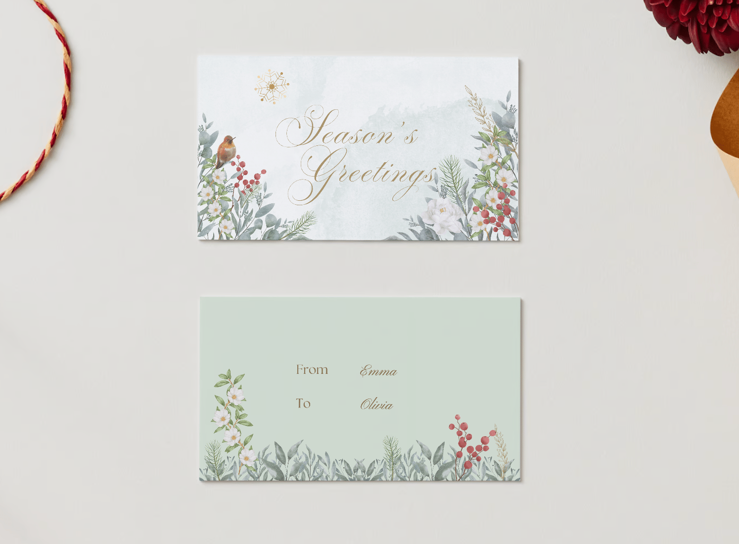 Elegant Winter Botanicals Canva Template Bundle | 6 Customizable Designs | Holiday Season Digital Download. Mock gift/favor tag front and back views