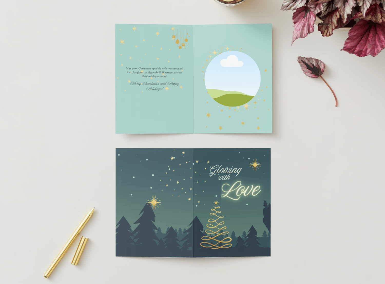Golden Christmas Glow Canva Template Bundle | 6 Customizable Designs | Holiday Season Digital Download. Mock card portrait outside and inside views
