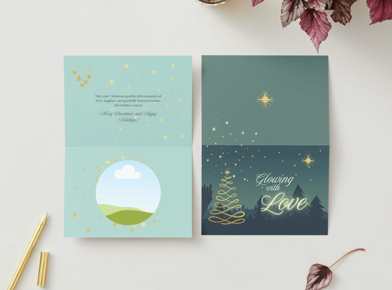 Golden Christmas Glow Canva Template Bundle | 6 Customizable Designs | Holiday Season Digital Download. Mock card landscape outside and inside views