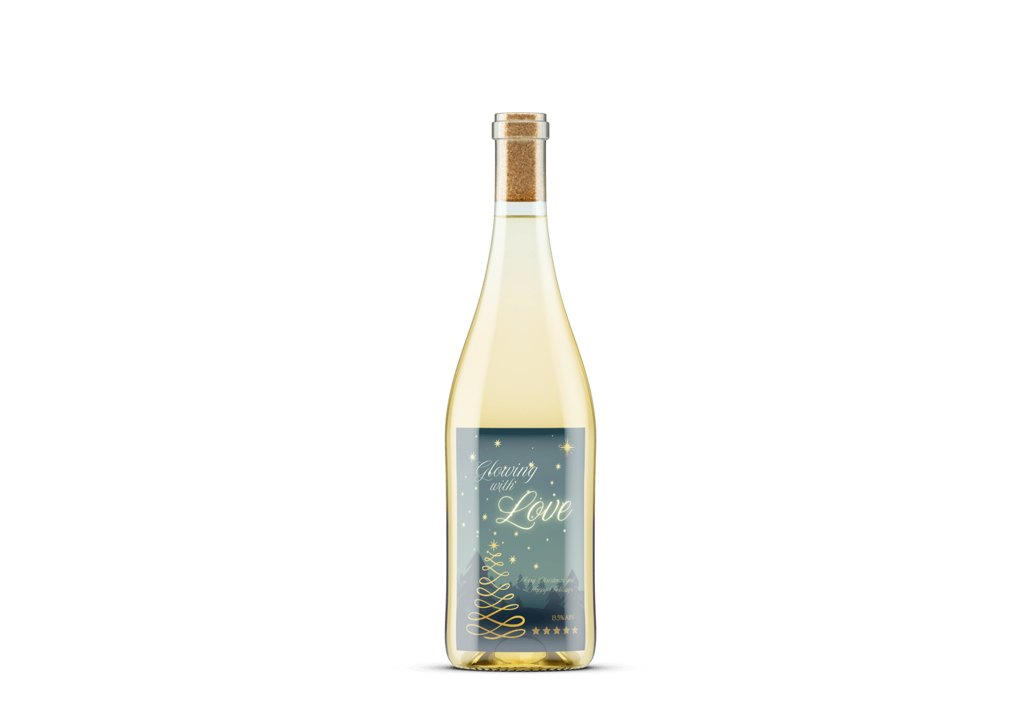 Golden Christmas Glow Canva Template Bundle | 6 Customizable Designs | Holiday Season Digital Download. Mock sticker label  portrait on white wine bottle