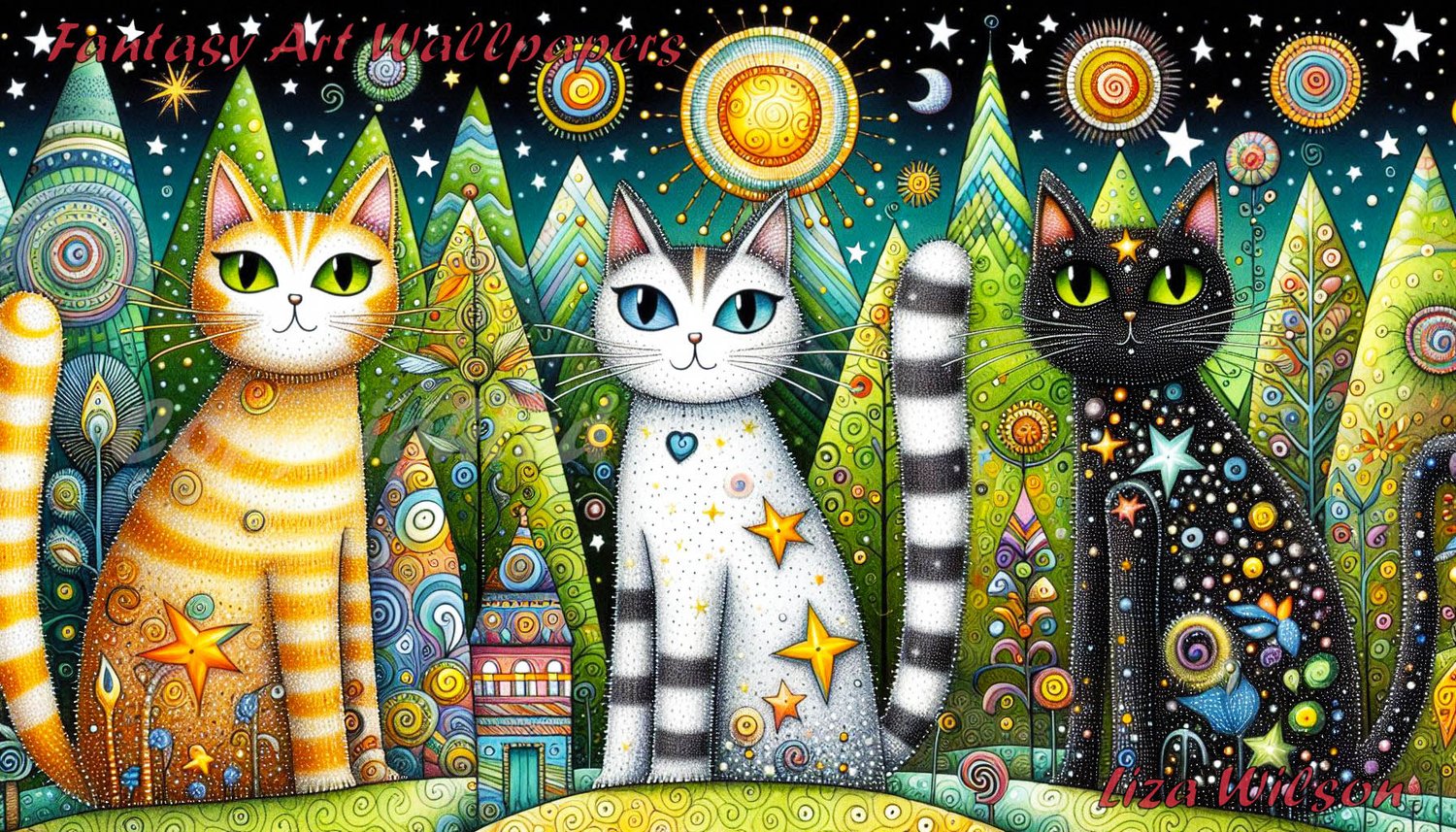 whimsical cats, whimsical, cats, tall cats, starry cats, moon & stars