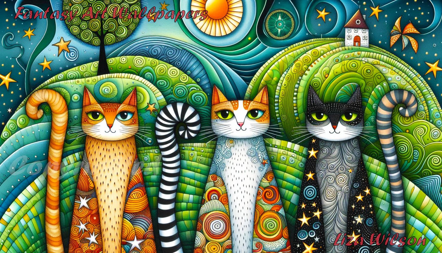 cats, whimsical cats, stars & moon cats, stary cats, whimsical, patterned hills, whimsical houses