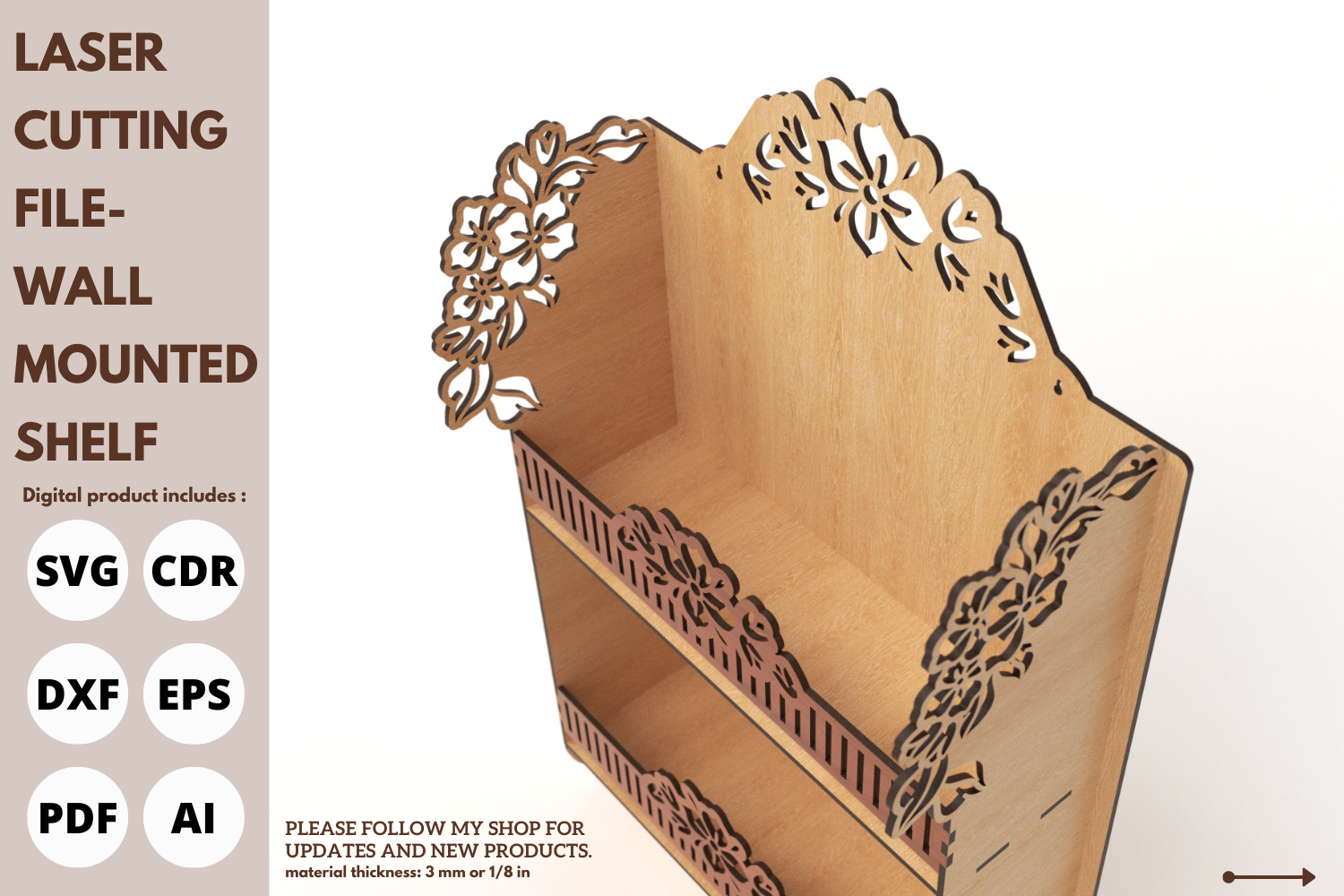 Decorative Wall Shelf with Flower Design, Laser Cut File, SVG, Laser Cutting File