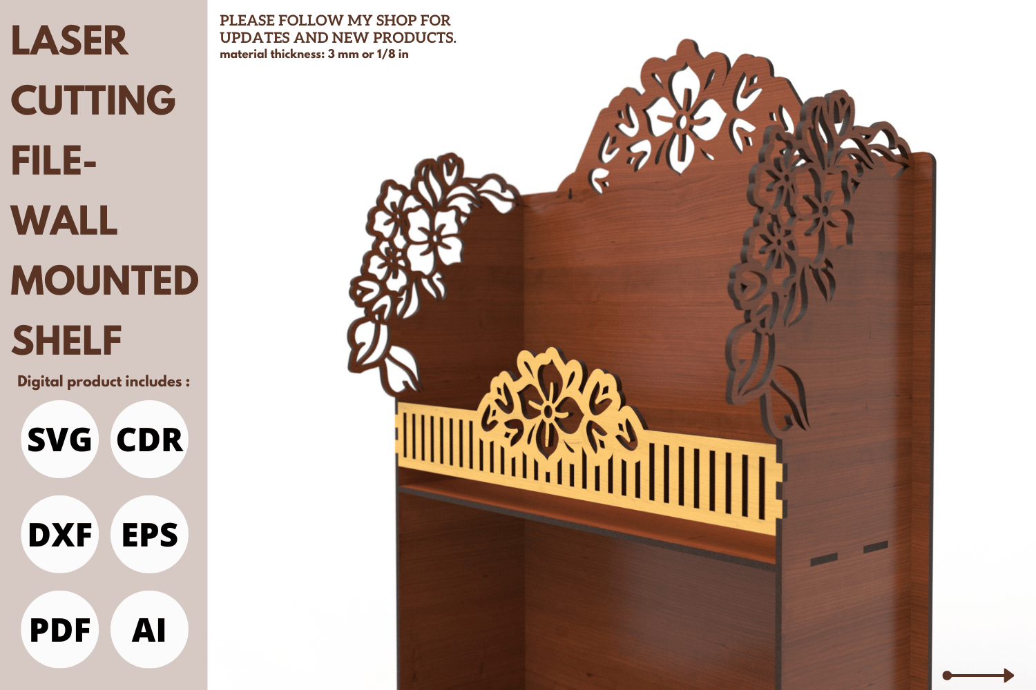 Decorative Wall Shelf with Flower Design, Laser Cut File, SVG, Laser Cutting File