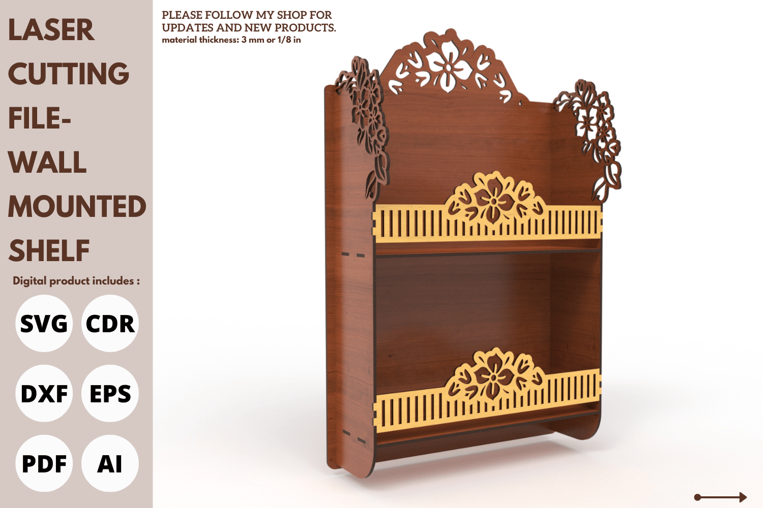 Decorative Wall Shelf with Flower Design, Laser Cut File, SVG, Laser Cutting File