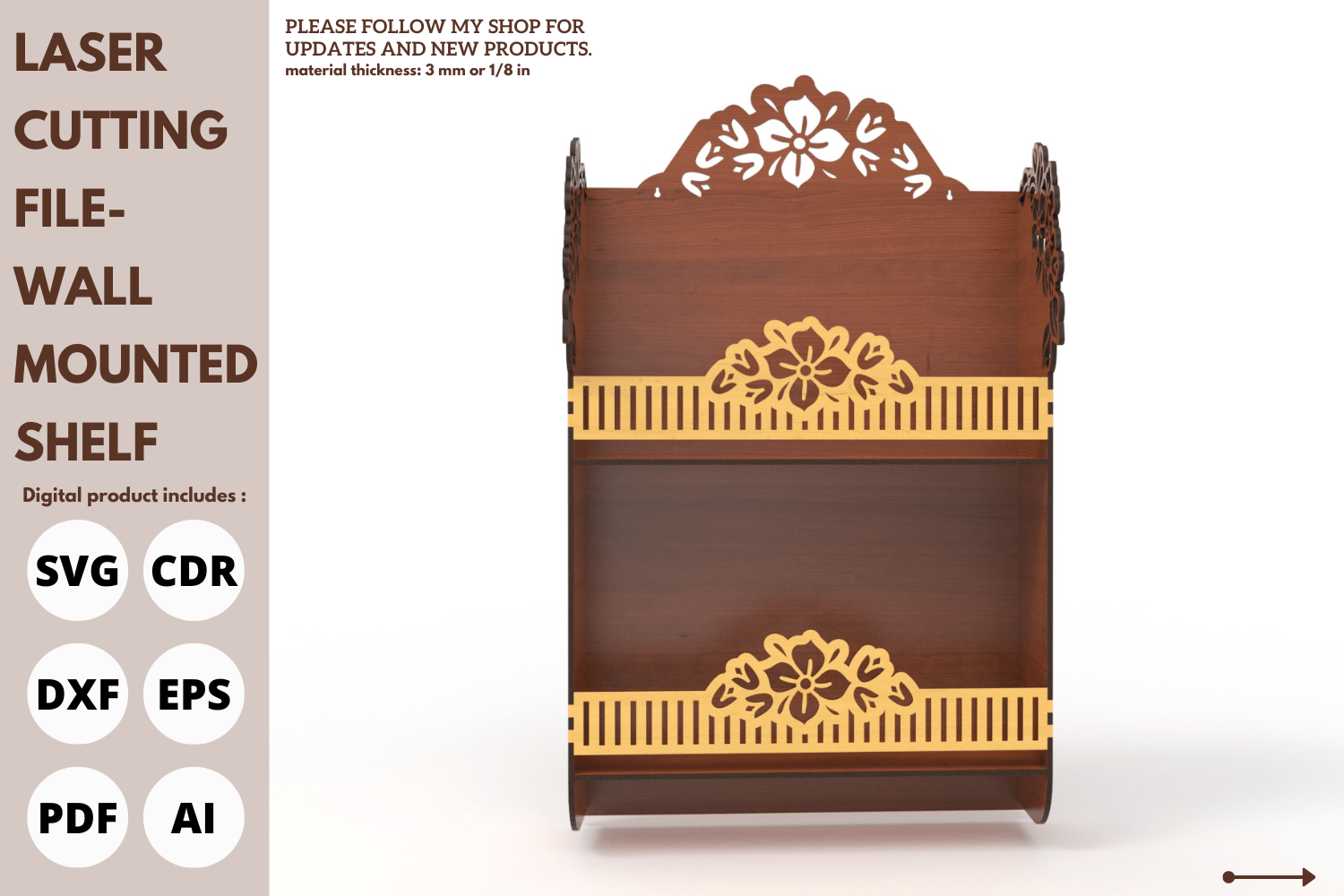 Decorative Wall Shelf with Flower Design, Laser Cut File, SVG, Laser Cutting File