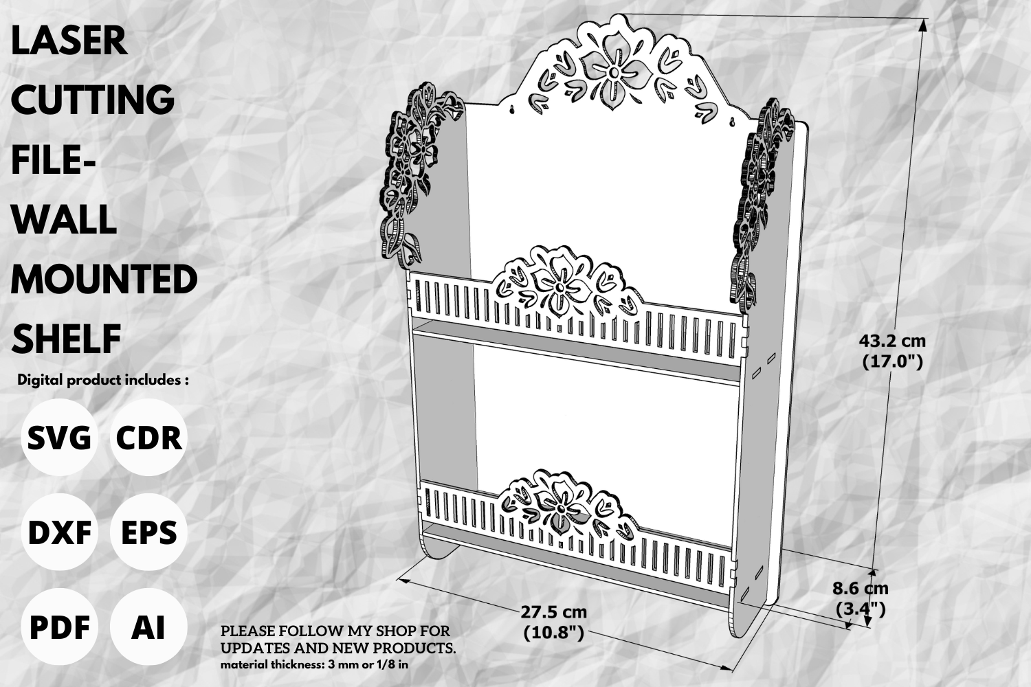 Decorative Wall Shelf with Flower Design, Laser Cut File, SVG, Laser Cutting File