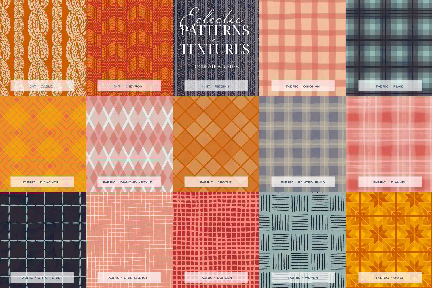 collection of pattern and texture procreate brushes