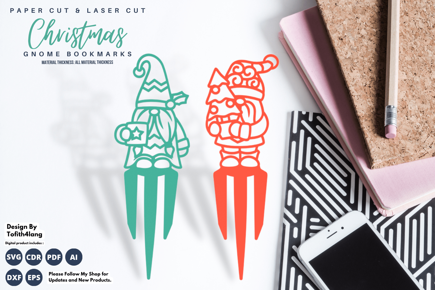 Christmas Gnome Bookmarks | Laser Cut & Paper Cut SVG Files | Holiday Bookmark Designs