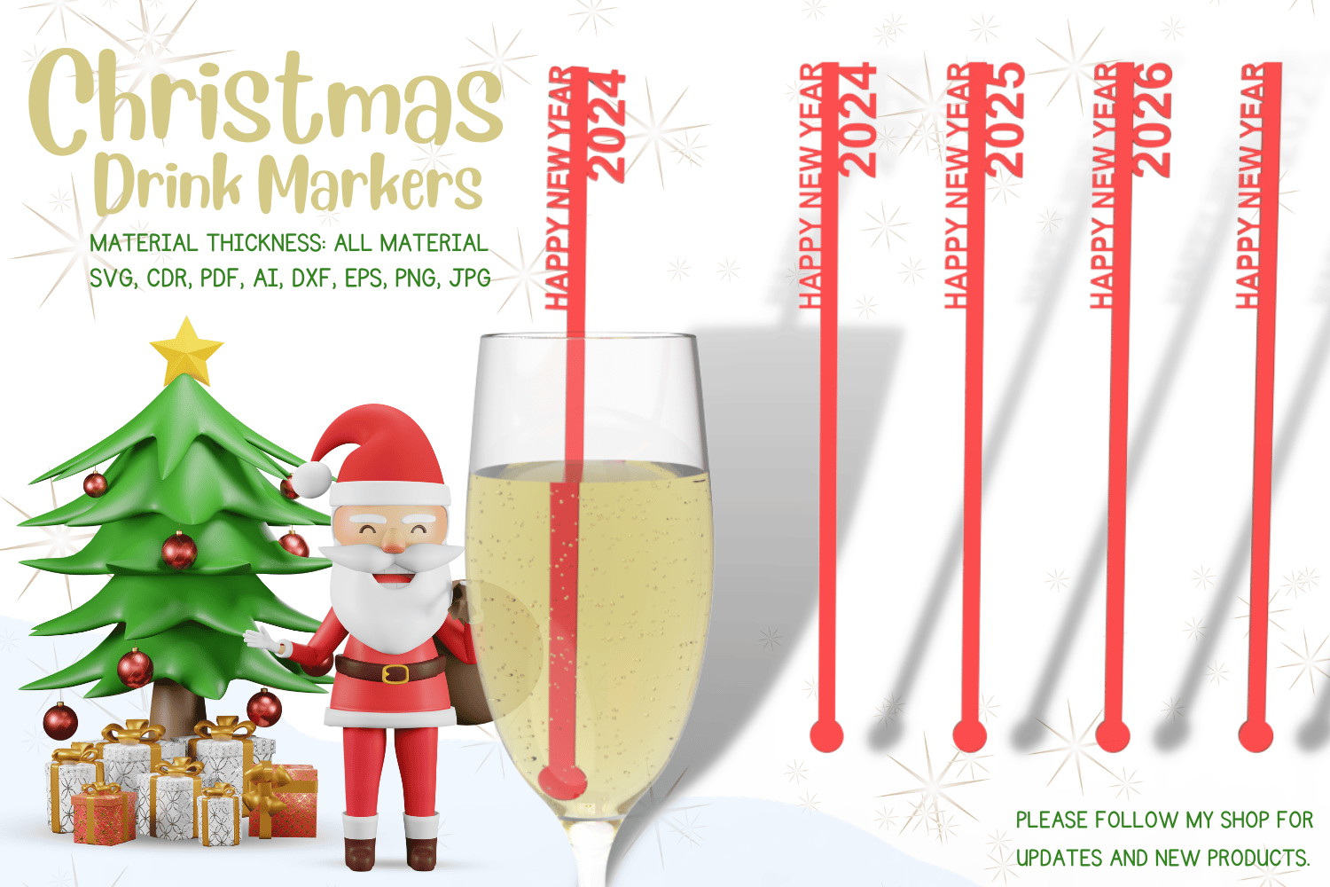 Christmas Drink Markers | New Year 2024 to 2026 | SVG Files for Laser Cutting