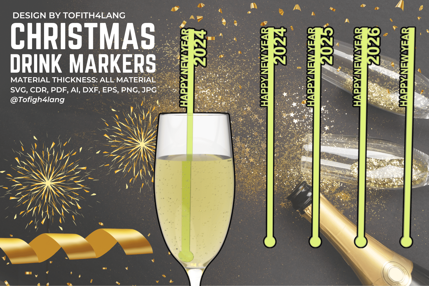 Christmas Drink Markers | New Year 2024 to 2026 | SVG Files for Laser Cutting