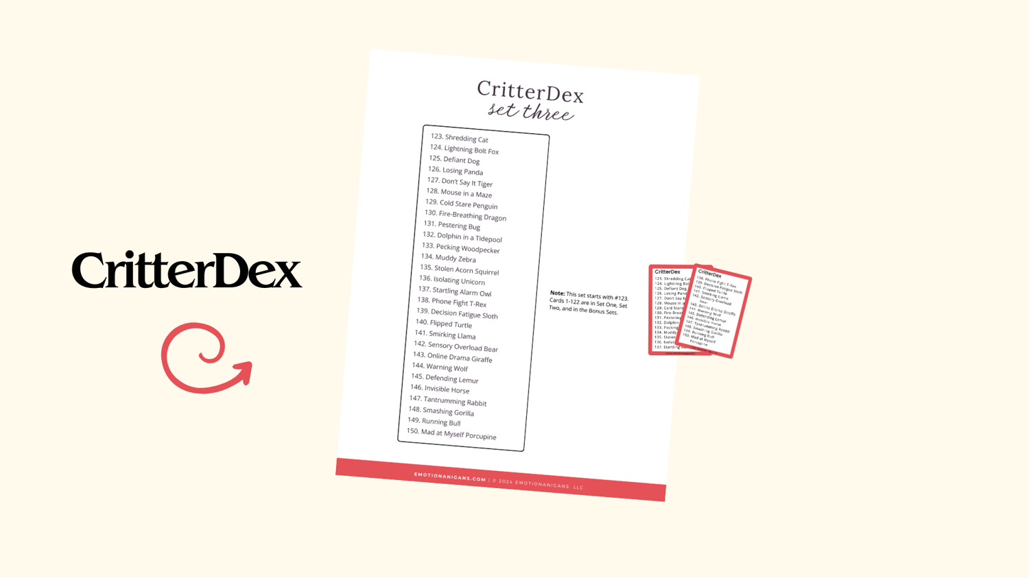 An image of a workbook page with a list of the names of the critters includes in the Red Hot Pack with the title Critterdex and a red arrow pointing to the workbook page