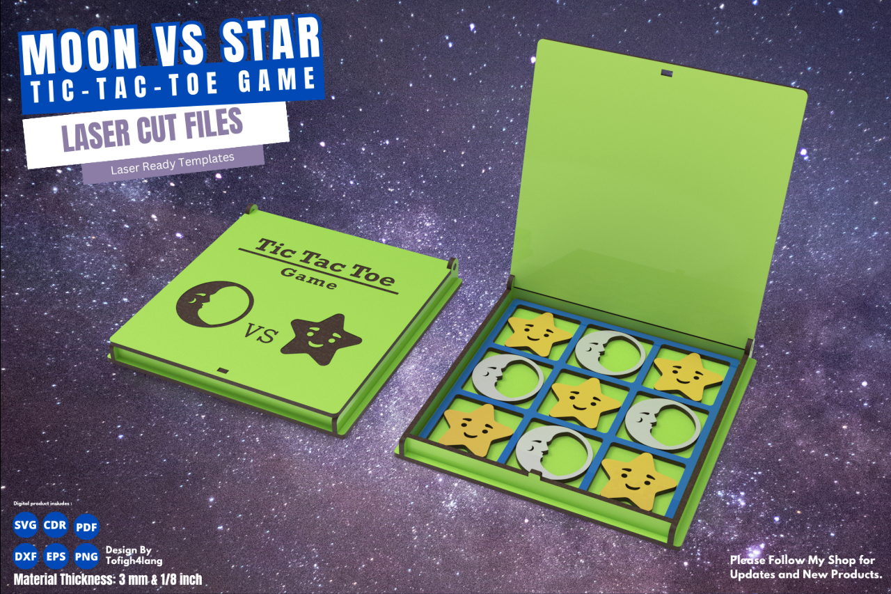 Moon vs Star Tic Tac Toe Game | Laser Cut File | SVG File | Game for Kids and Adults