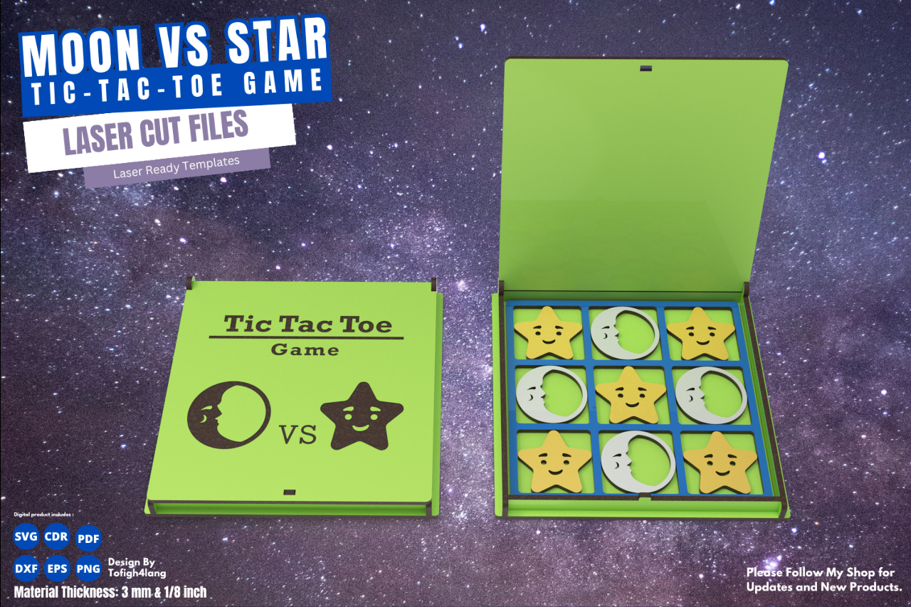 Moon vs Star Tic Tac Toe Game | Laser Cut File | SVG File | Game for Kids and Adults